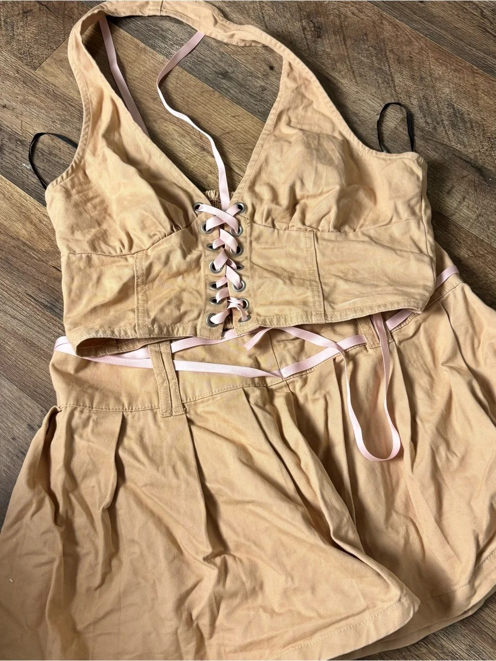 Top & Skirt Matching Set Pink-Tan Lace-Up